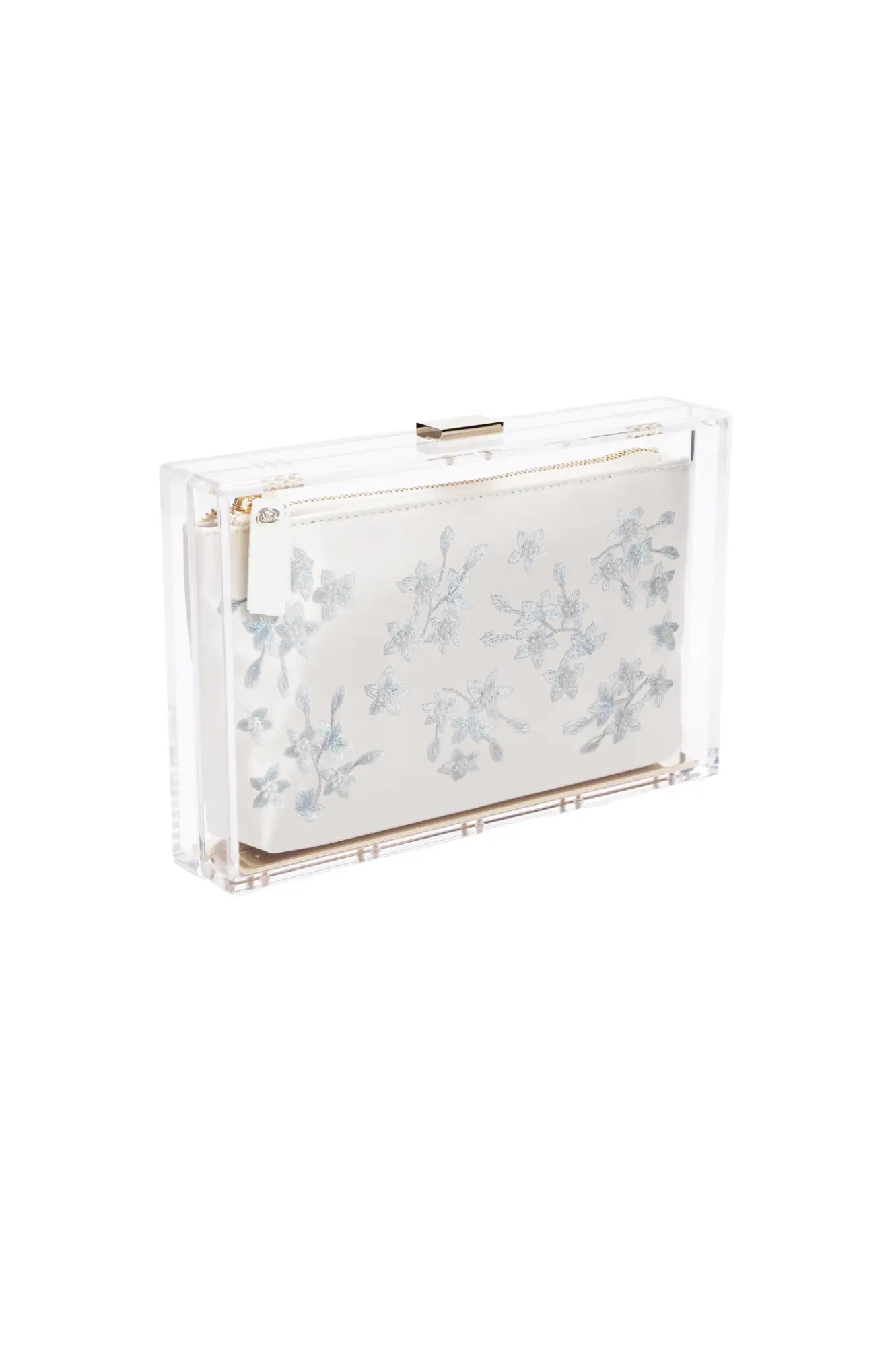 Italian Mia Acrylic Clutch with Ivory Pouch Blue Flowers from The Bella Rosa Collection.