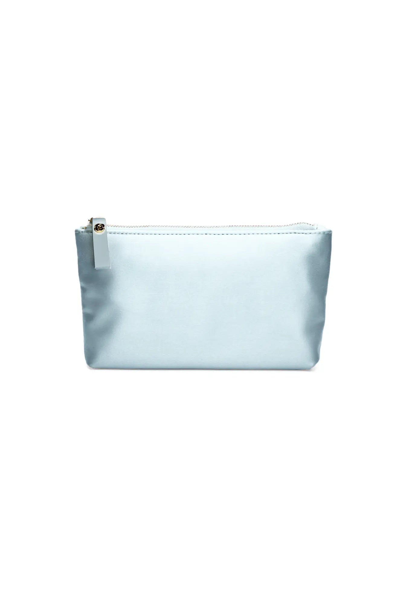 A Mia Acrylic Clutch with Cinderella Blue Pouch with a zipper on a white background from The Bella Rosa Collection.