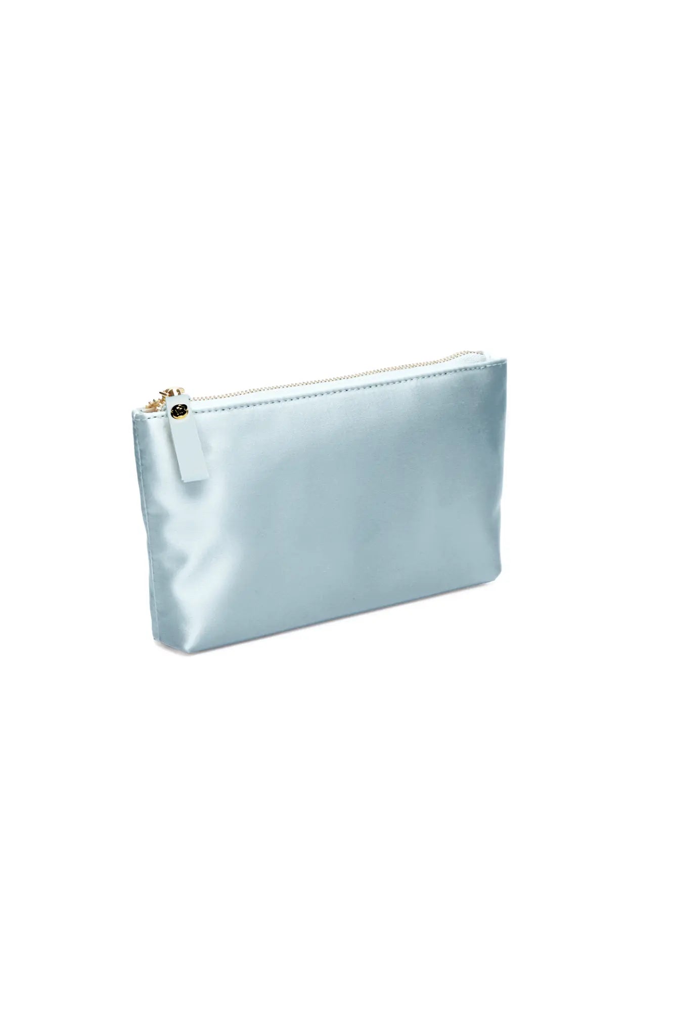 A Mia Acrylic Clutch with Cinderella Blue Pouch from The Bella Rosa Collection with a zipper and a personalized sentiment plaque on a white background.