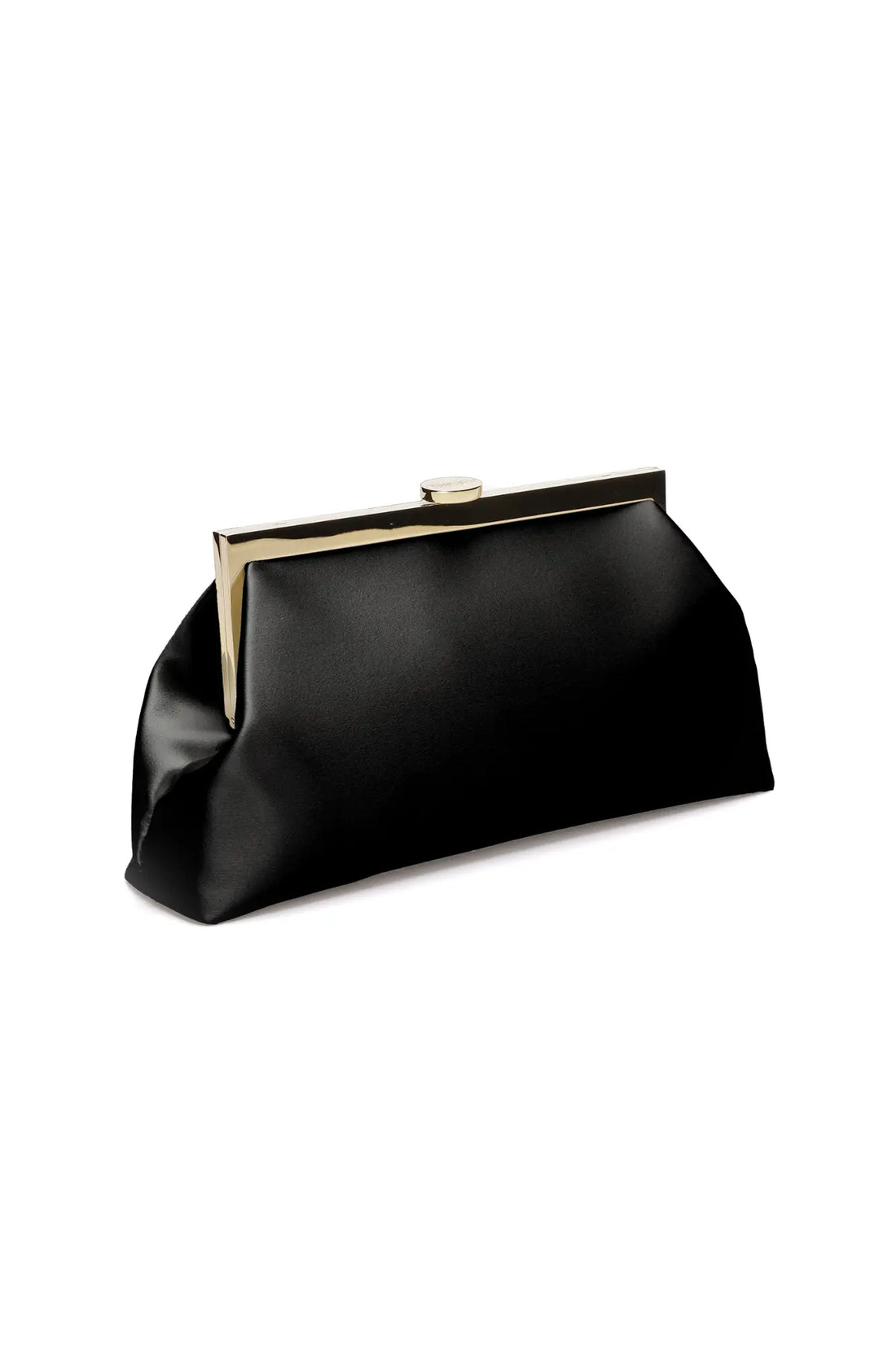 A black Rosa Clutch - Nera Black evening clutch with a metallic clasp on a white background by The Bella Rosa Collection.