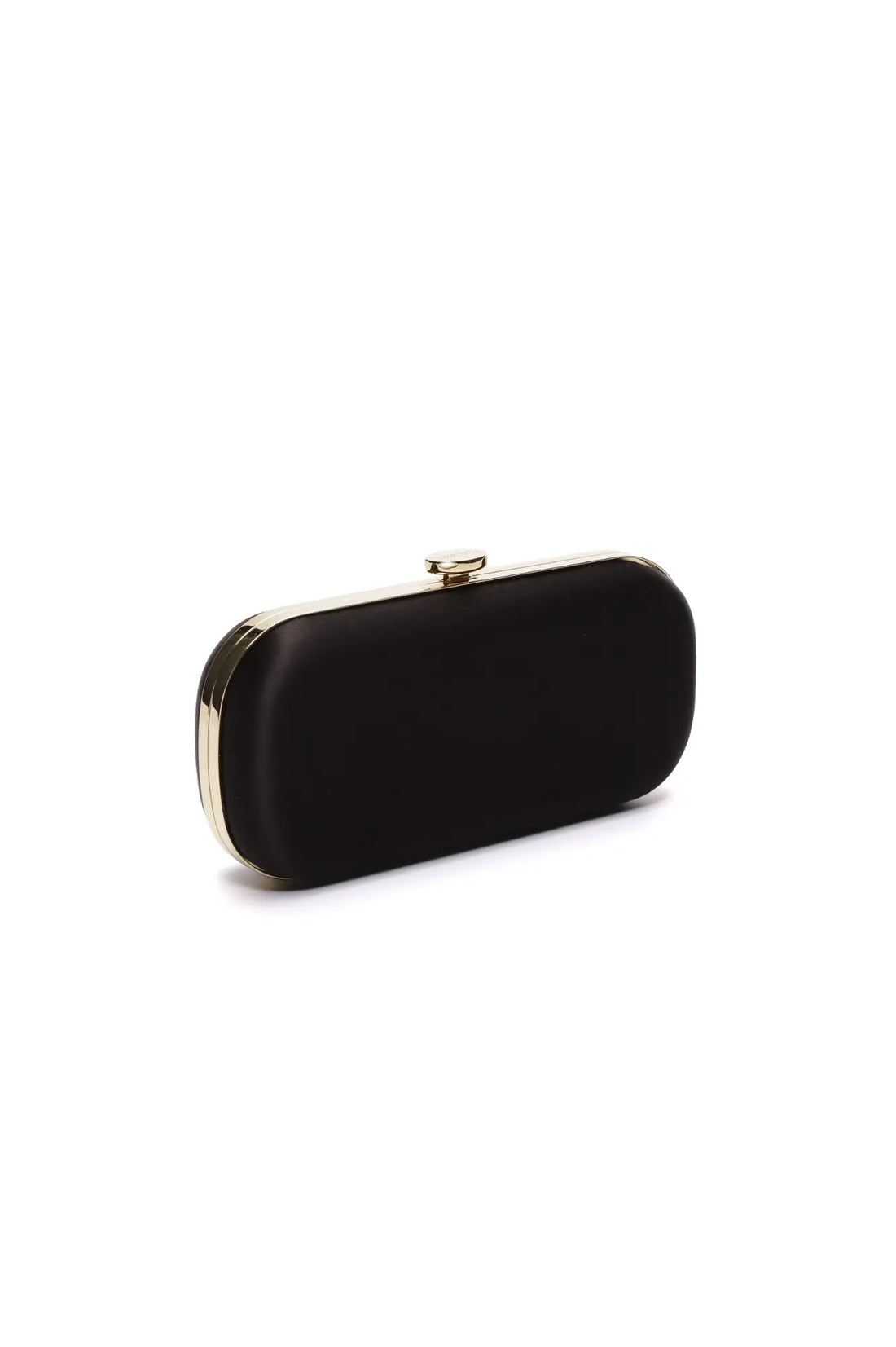 Black Satin Bella Clutch from The Bella Rosa Collection with gold-tone frame on a white background.
