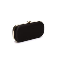 Black Satin Bella Clutch from The Bella Rosa Collection with gold-tone frame on a white background.
