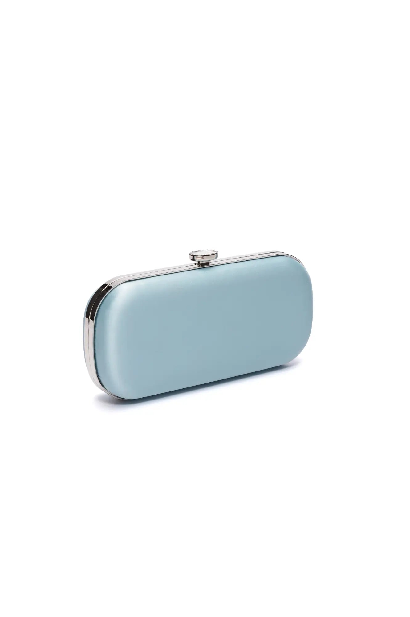 Light blue &quot;Bella Clutch Cinderella Blue Petite&quot; purse with metallic clasp on a white background, designed as a custom wedding accessory by The Bella Rosa Collection.