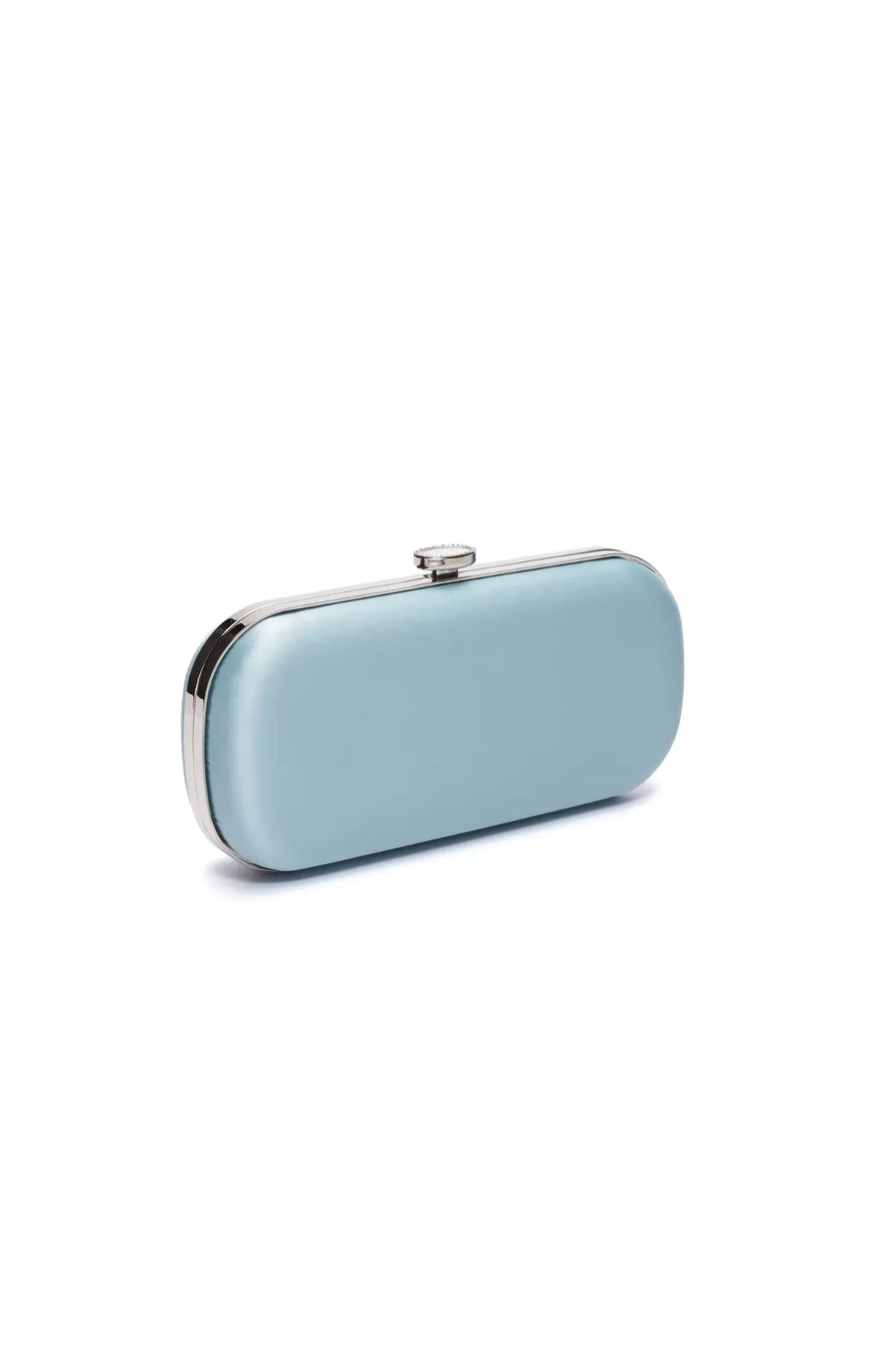 Cinderella Blue Satin Bella Clutch purse with silver trimmings on a white background by The Bella Rosa Collection.