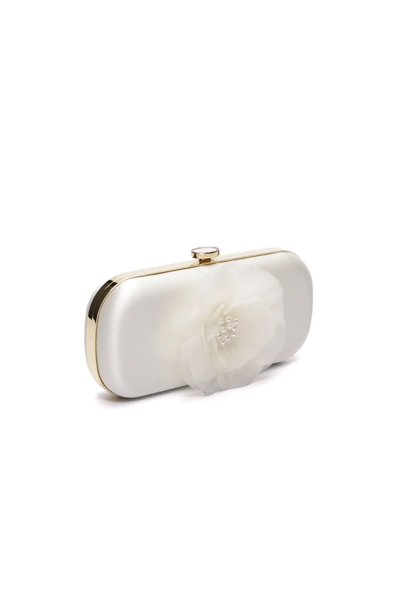 Elegant Bella Fiori Clutch Ivory bridal clutch purse with floral embellishment and gold accents from The Bella Rosa Collection.