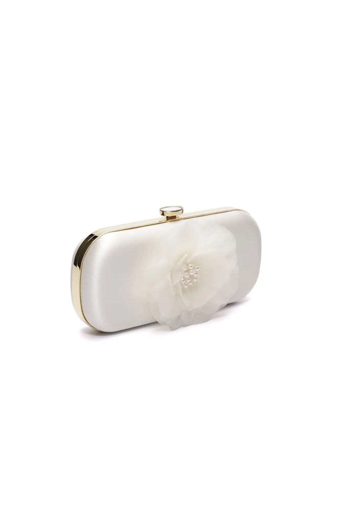Elegant Ivory Satin Bella Fiori Clutch with floral embellishment and gold accents from The Bella Rosa Collection.