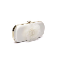 Elegant Ivory Satin Bella Fiori Clutch with floral embellishment and gold accents from The Bella Rosa Collection.