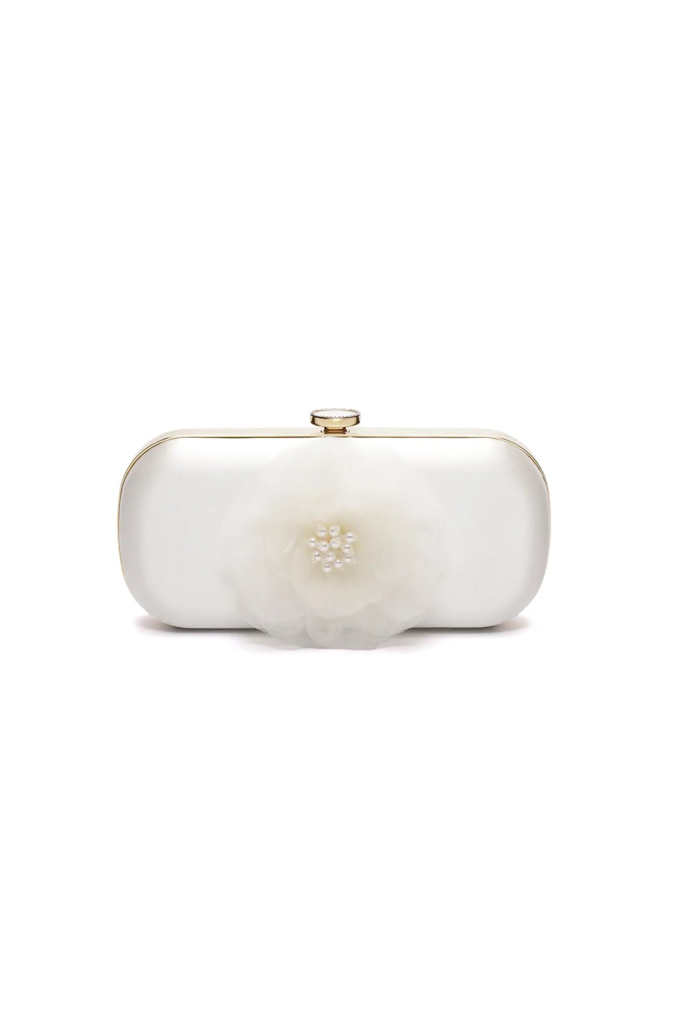 A Bella Fiori Clutch Ivory clutch purse with a floral embellishment and gold trim from The Bella Rosa Collection.