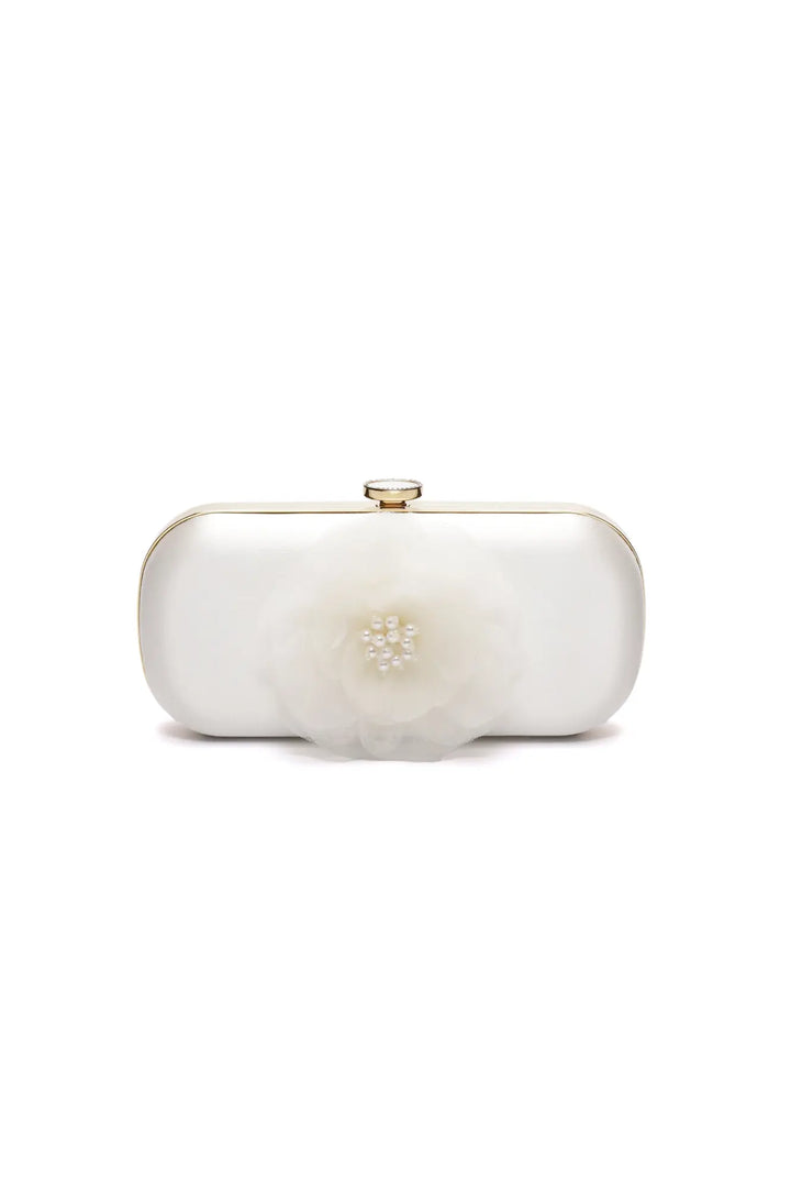 Ivory Satin Bella Fiori clutch from The Bella Rosa Collection with a floral embellishment and gold accents.