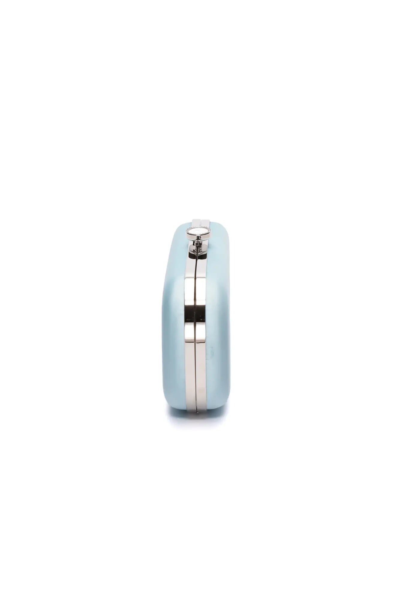Bella Clutch Cinderella Blue Grande cylindrical container with metallic clasp isolated on white background. Brand name: The Bella Rosa Collection