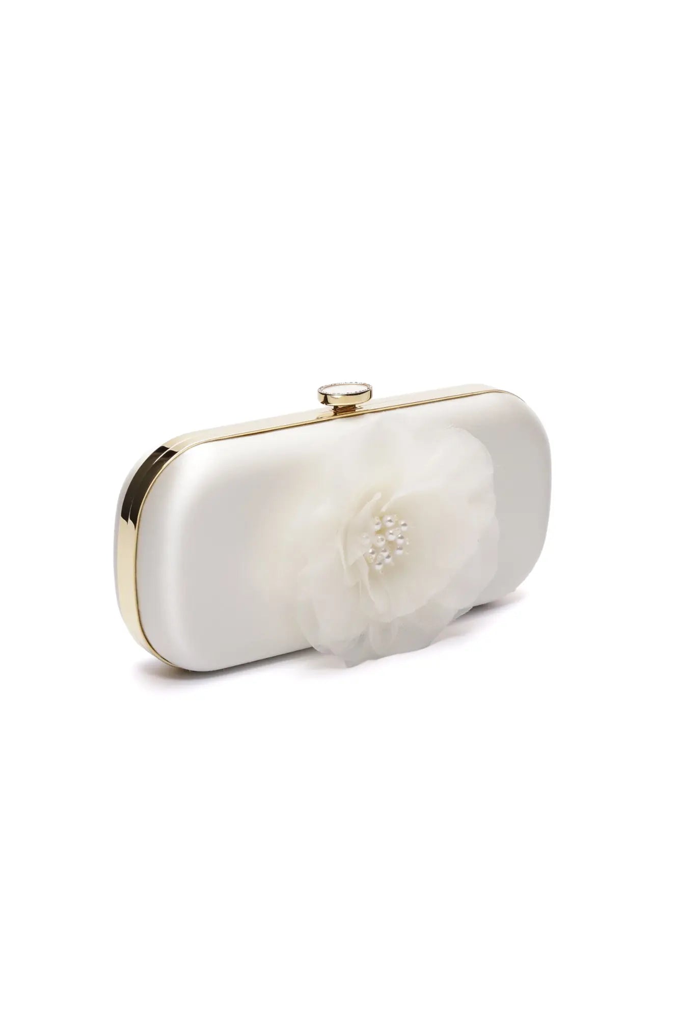 Bella Fiori Clutch Ivory Grande from The Bella Rosa Collection, with floral embellishment and gold accents, perfect for black-tie events.