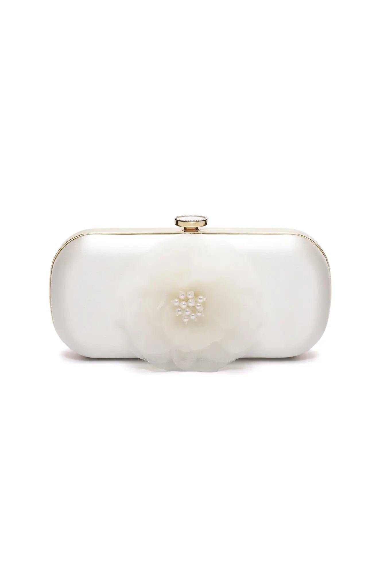 An elegant Bella Rosa Collection Ivory Grande Bella Fiori Clutch with a floral design and pearl embellishments on premium duchess satin.