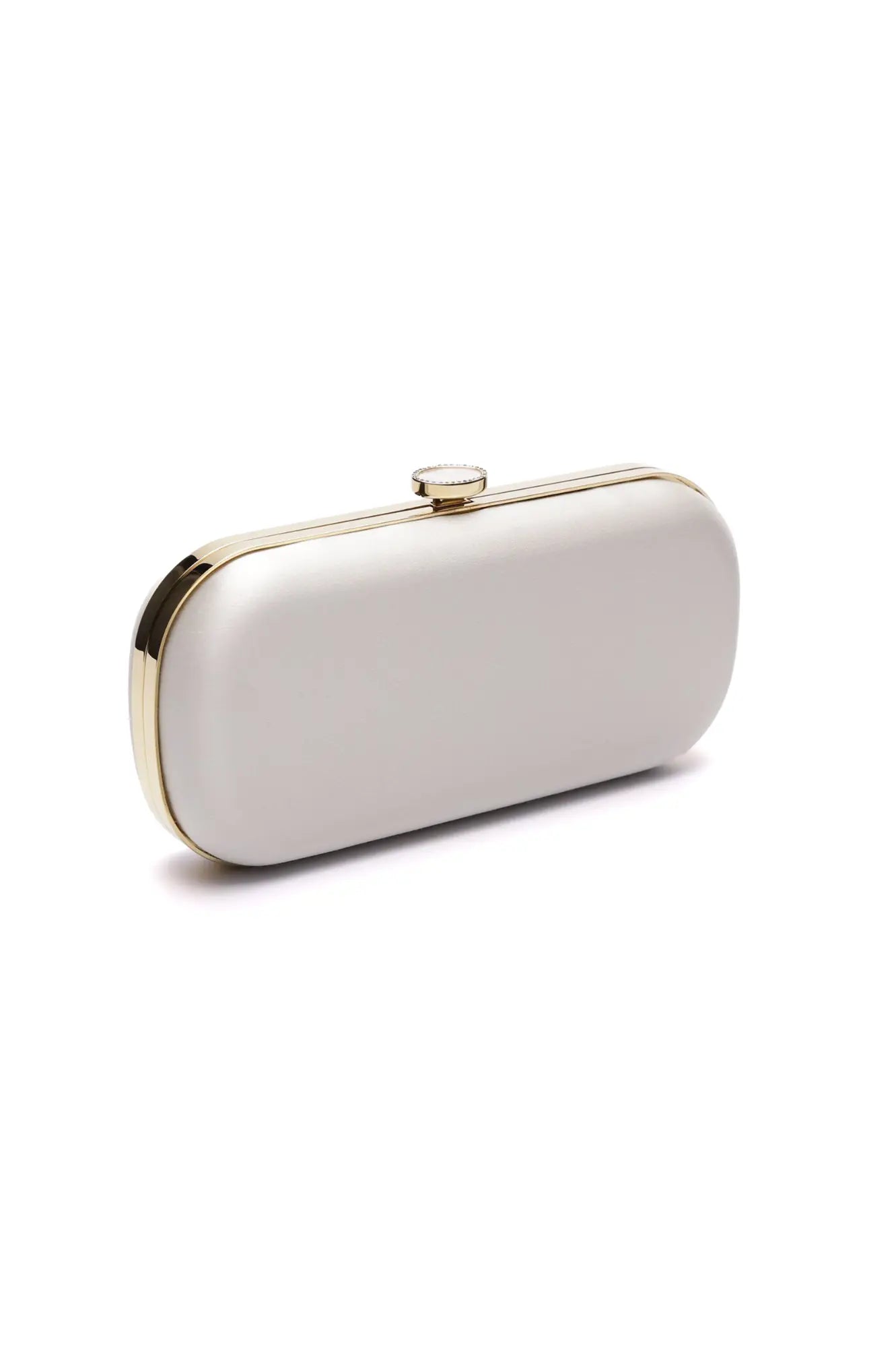 Bella Clutch Ivory Grande, a petite bespoke bridal accessory with gold trim against a white background from The Bella Rosa Collection.