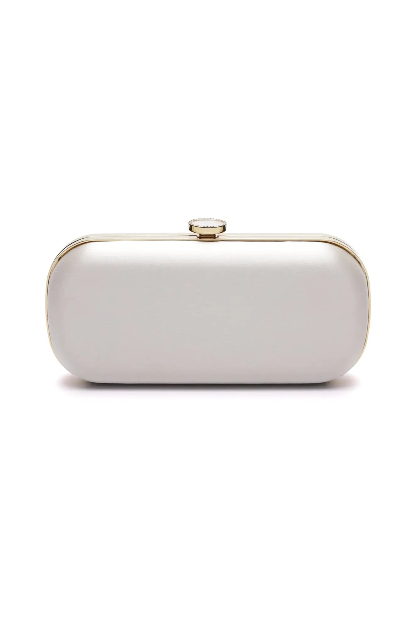 The Bella Rosa Collection&#39;s Bella Clutch Ivory Grande purse with gold trim on a white background, a bespoke bridal accessory.