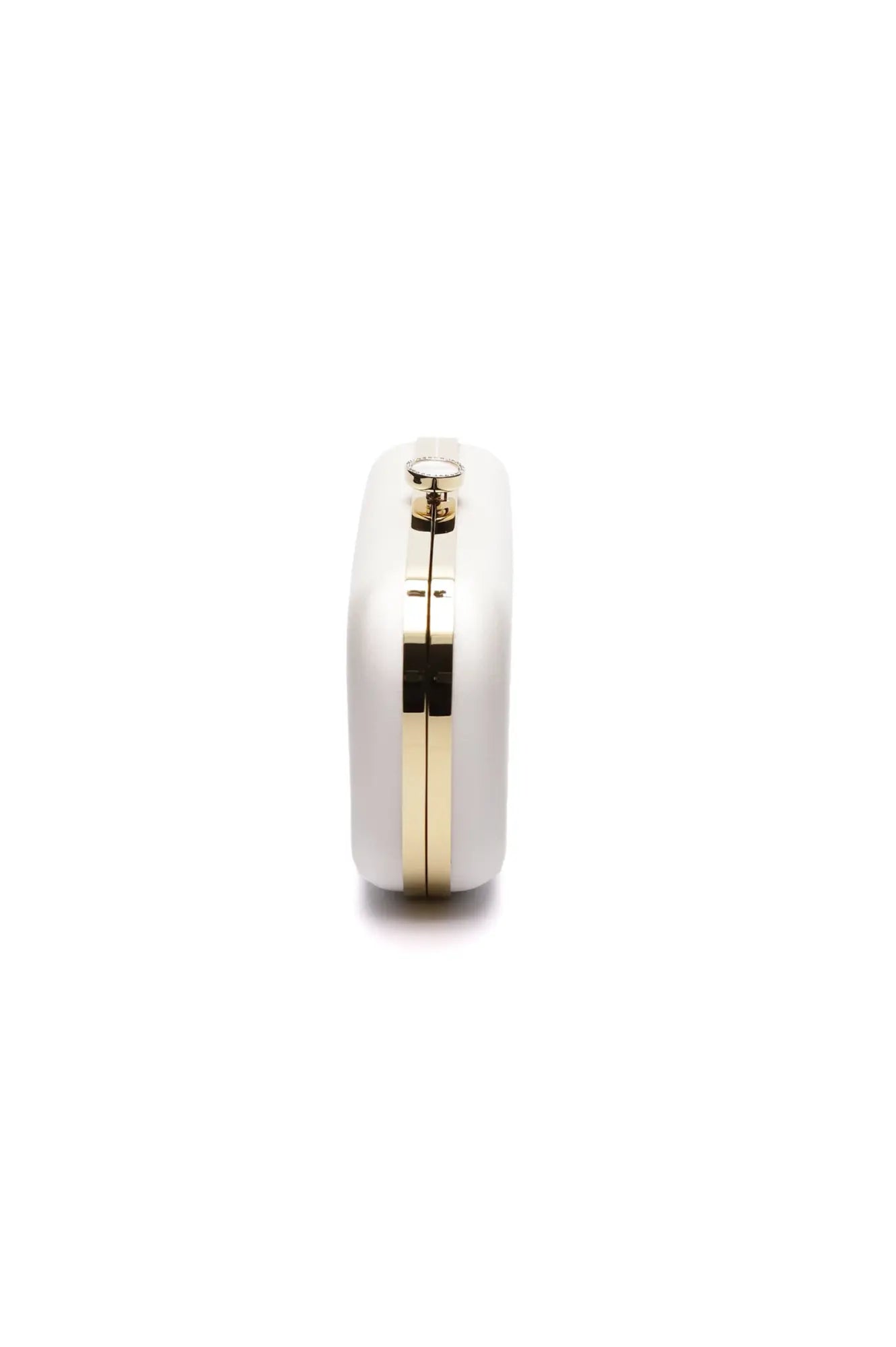A white and gold cylindrical object with a metallic finish on a white background, identified as the Bella Clutch Ivory Grande from The Bella Rosa Collection, an exquisite bespoke bridal accessory.