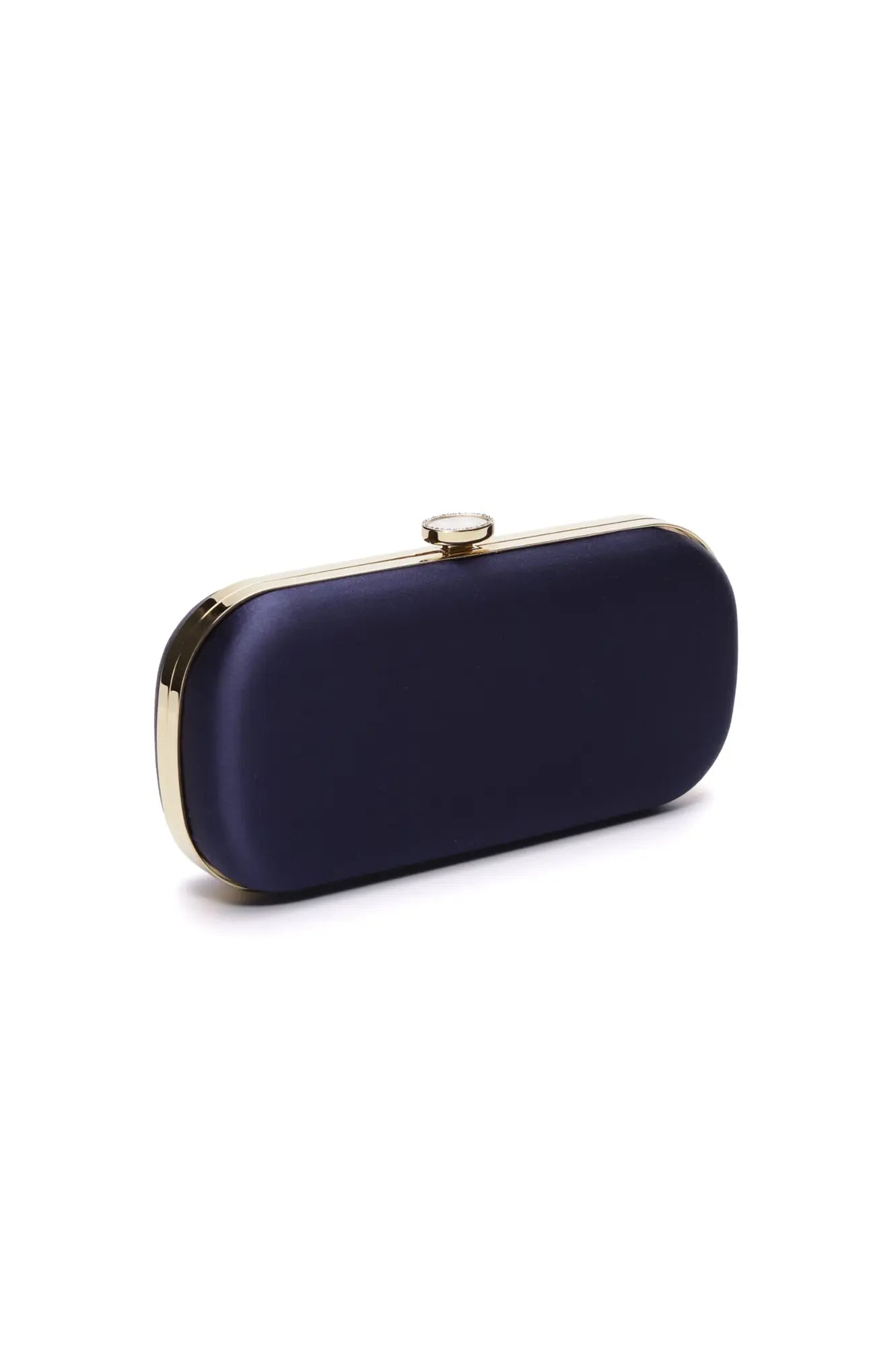 Navy blue Bella Rosa Collection Clutch Navy Blue Grande with a metallic frame and closure, isolated on a white background.