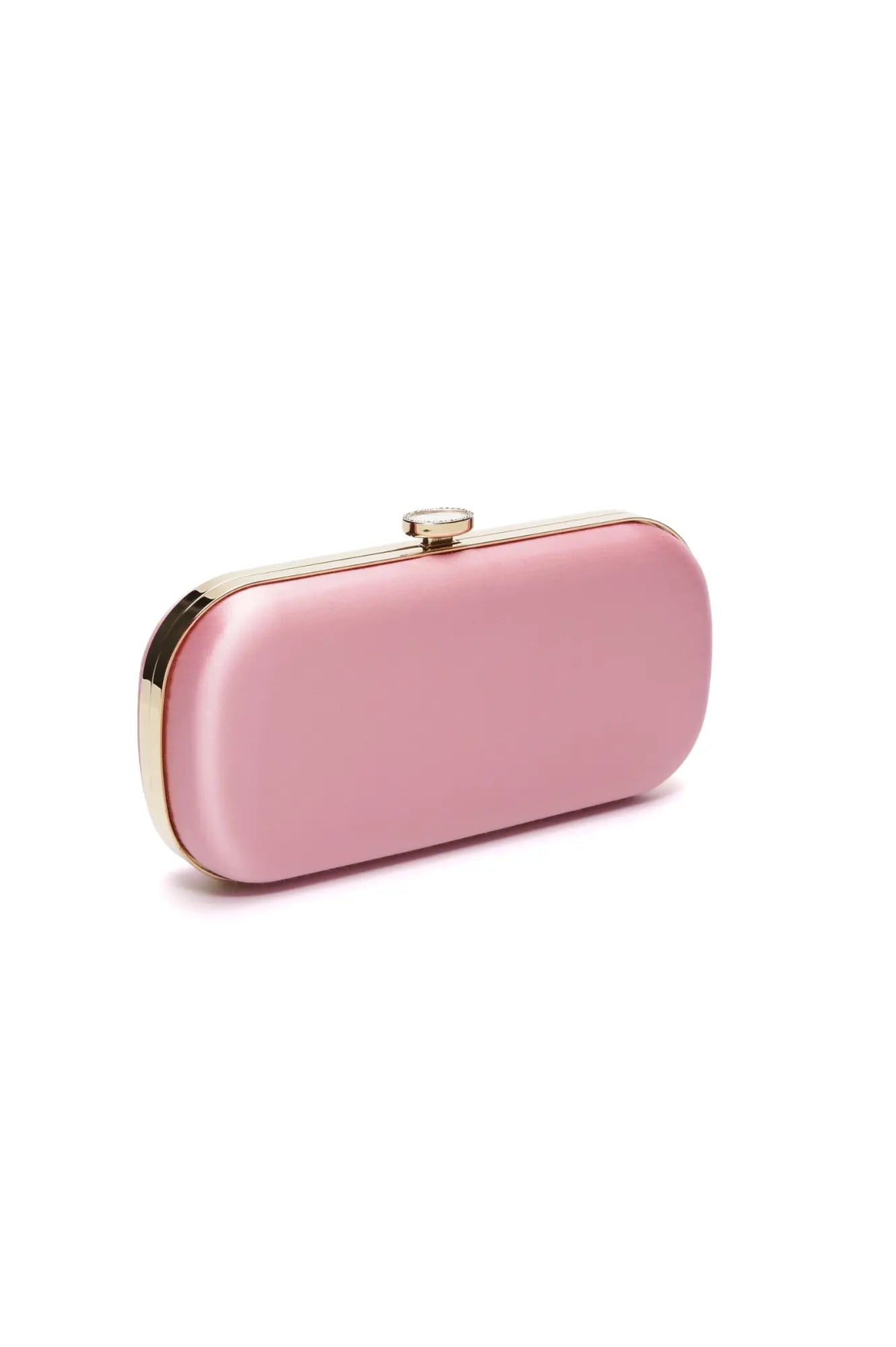 The Bella Rosa Collection&#39;s Bella Clutch Pink Grande with gold-tone hardware against a white background, perfected by Italian craftsmen.