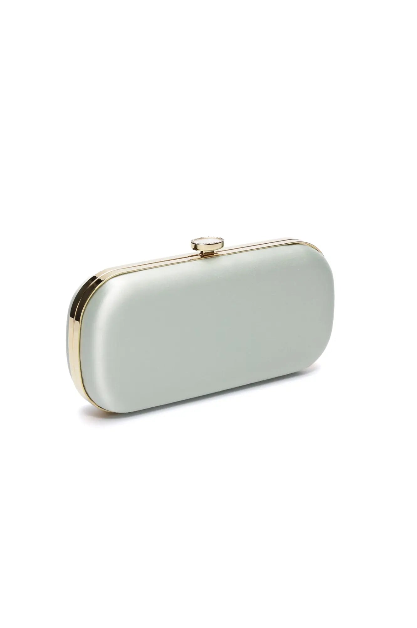 A pale-colored Bella Clutch Sage Green Satin Grande with a metallic clasp on a white background from The Bella Rosa Collection.