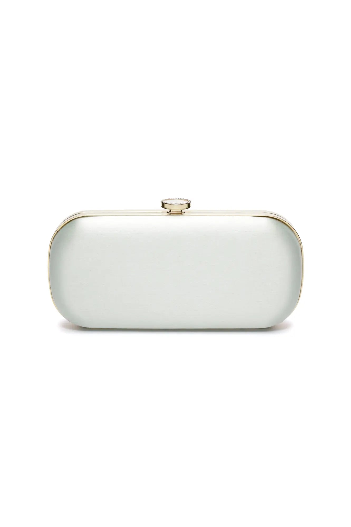 The Bella Rosa Collection Duchess Sage Green Satin Grande clutch purse with gold trim on a white background.