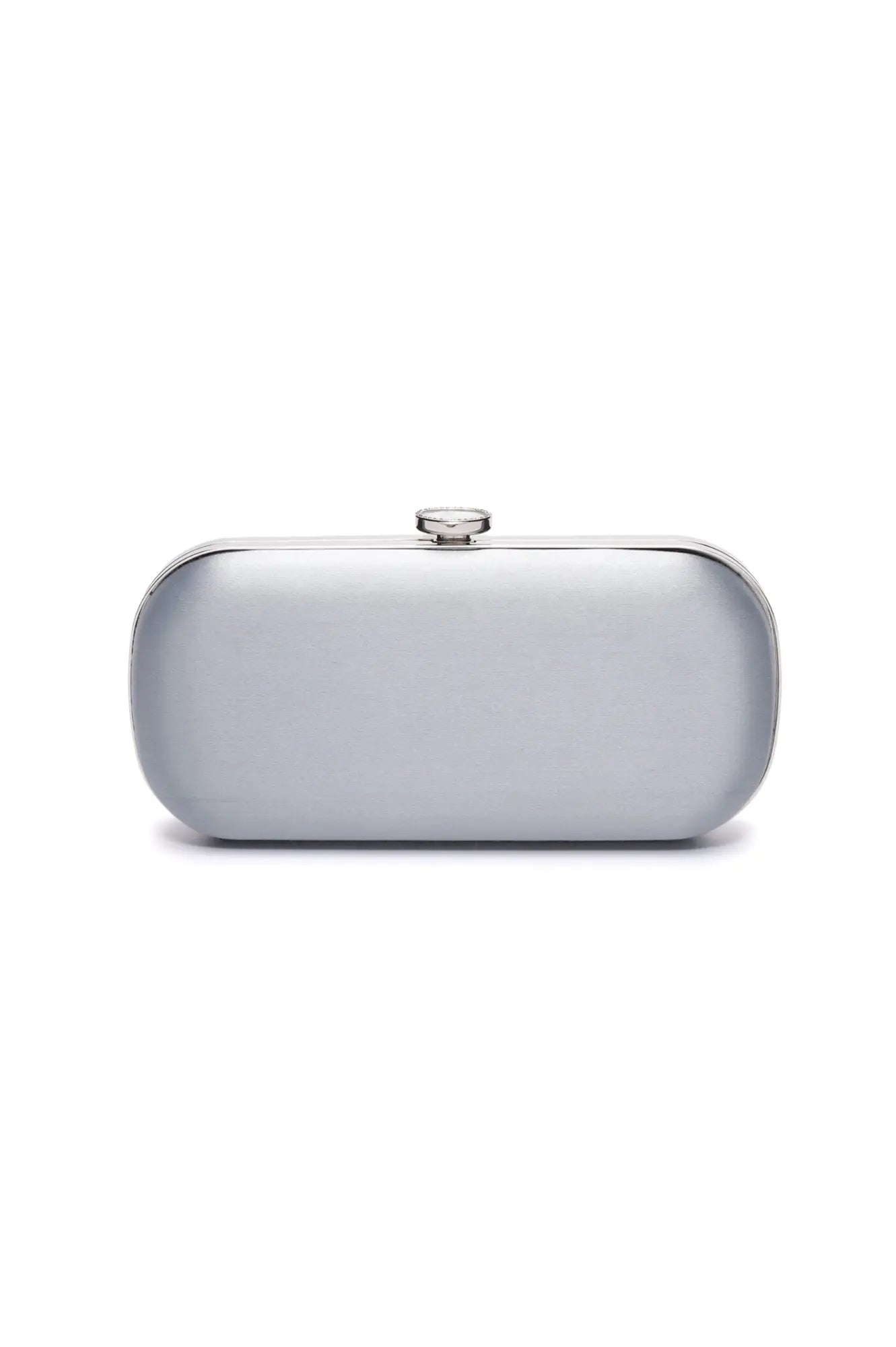 Bella Clutch Steel Blue Satin Grande evening clutch purse from The Bella Rosa Collection against a white background.
