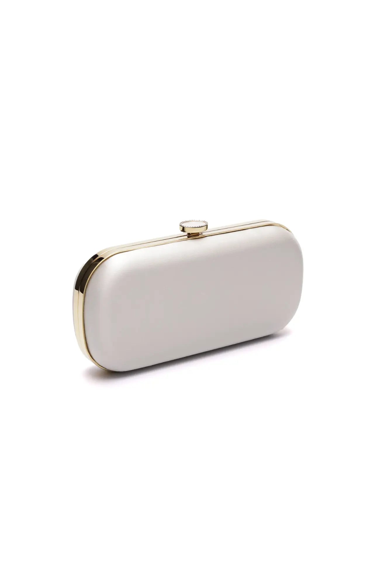 Bella Rosa Collection Ivory Duchess Satin clutch purse with gold-tone hardware against a plain background.