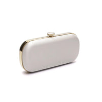 Ivory Satin Bella Clutch purse with gold accents on a white background from The Bella Rosa Collection.