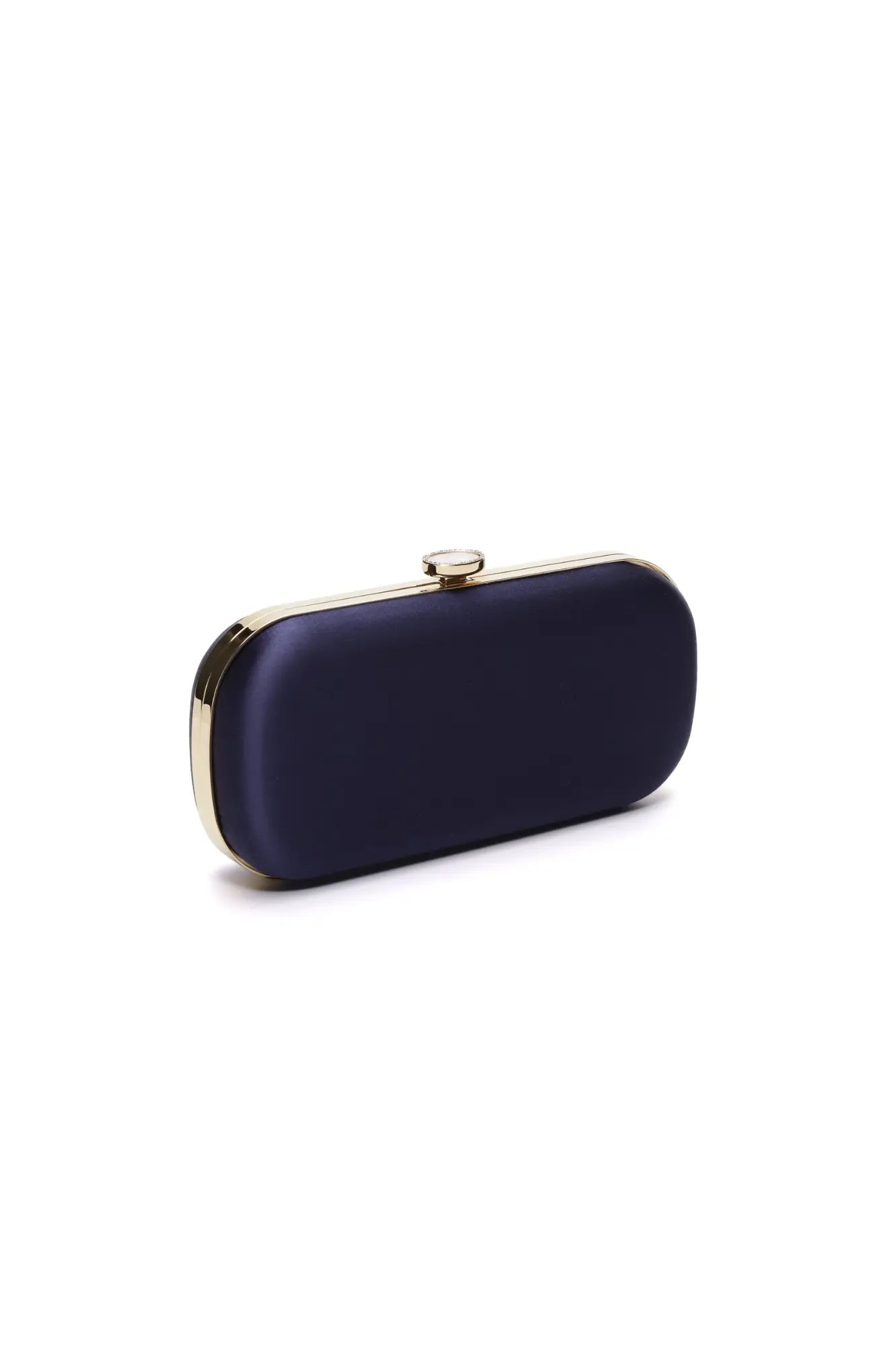 Bella Rosa Collection Navy Blue Petite evening clutch purse with gold accents on a white background.