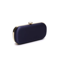 A Navy Blue Satin Bella Clutch from The Bella Rosa Collection with gold-tone hardware against a white background, perfect for an evening wedding.