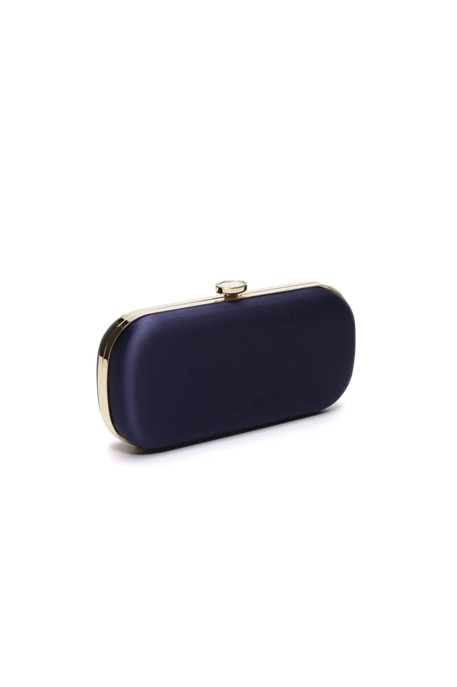 A Navy Blue Satin Bella Clutch from The Bella Rosa Collection with gold-tone hardware against a white background, perfect for an evening wedding.