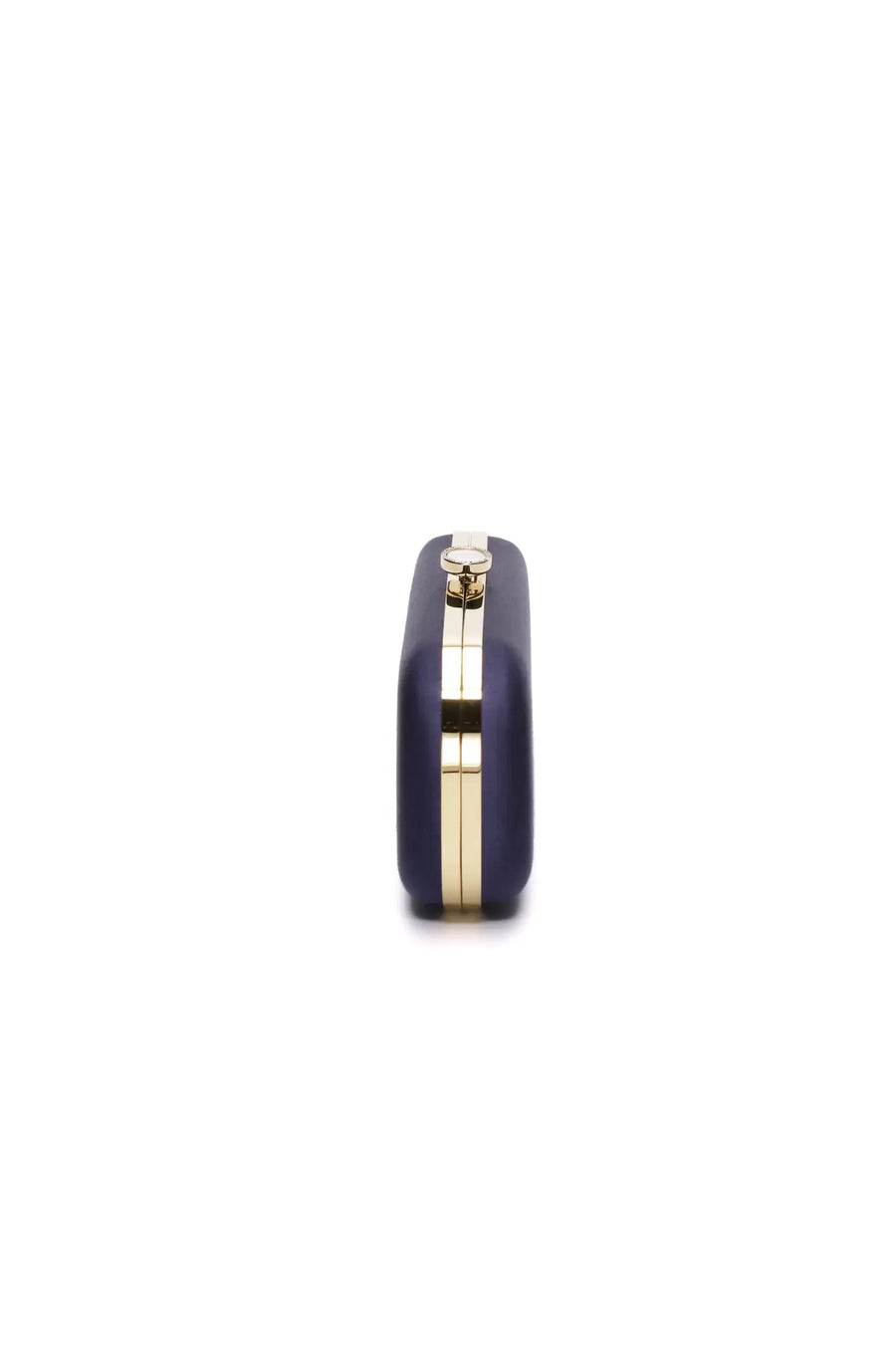 Navy Blue Satin Bella Clutch from The Bella Rosa Collection: Elegant navy blue cylindrical clutch with gold-tone hardware against a white background, perfect for an evening wedding.