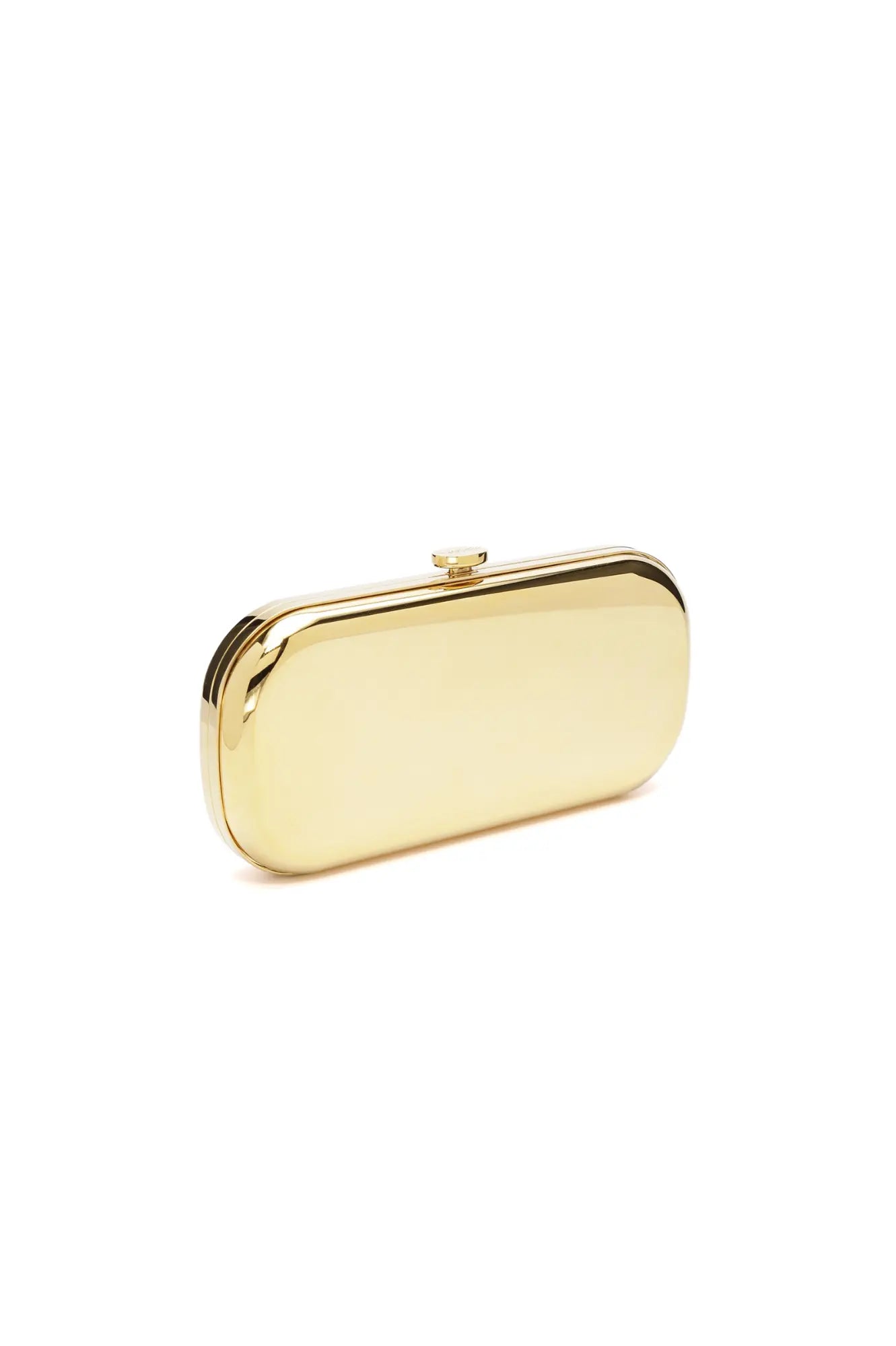 Gold-toned metallic Bella Clutch Golden Petite from The Bella Rosa Collection on a white background.