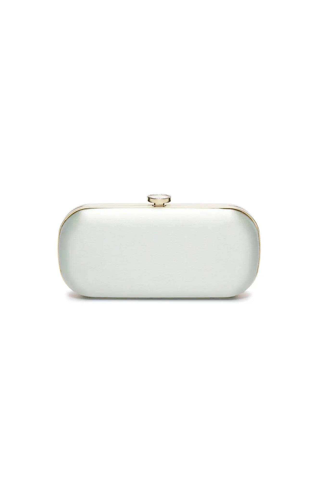 Elegant Bella Clutch Sage Green Satin Petite bridal clutch purse by The Bella Rosa Collection isolated on a white background.