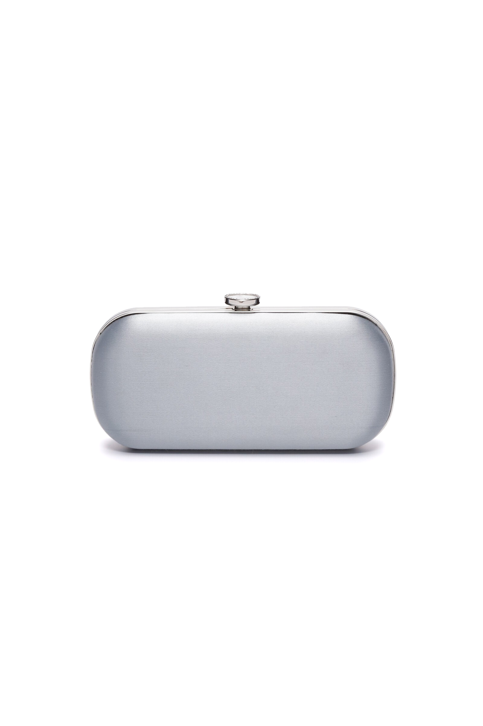 Bella Clutch Steel Blue Satin Petite from The Bella Rosa Collection on a white background.