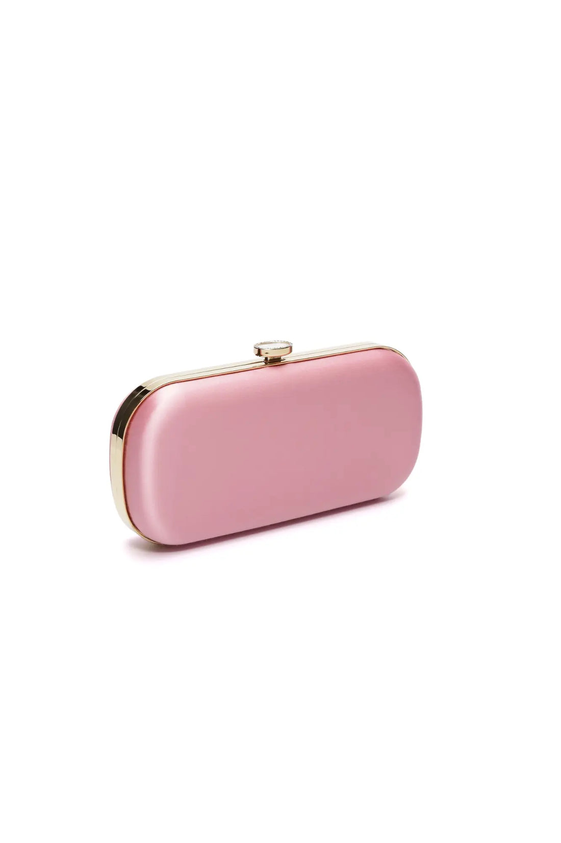 Handcrafted in Italy, The Bella Rosa Collection Pink Satin Bella Clutch purse with gold accents on a white background.