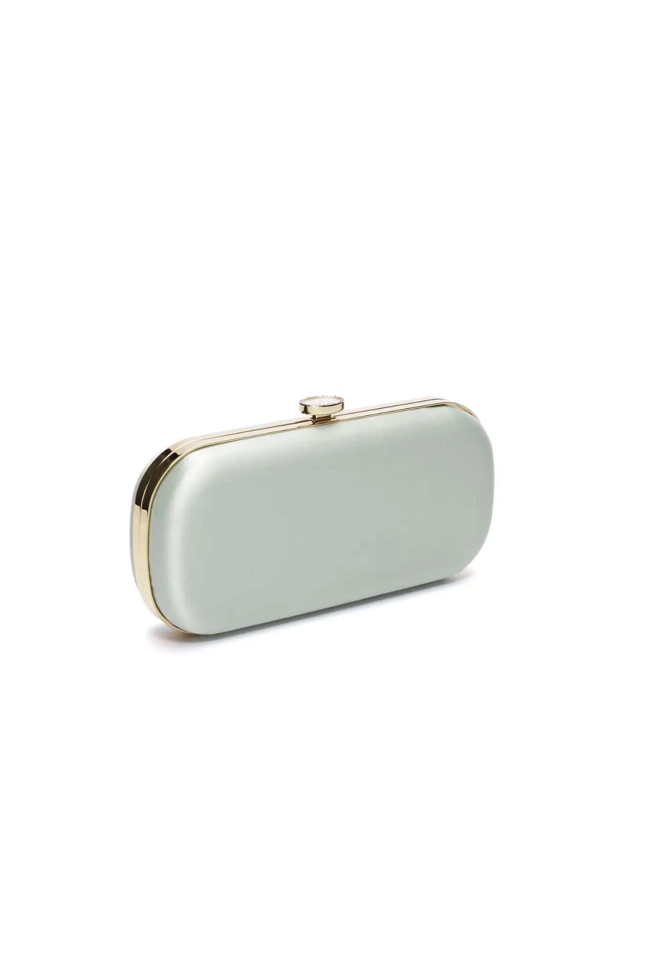 Elegant Sage Green Bella Rosa Collection Clutch with gold accents on a white background, perfect as a wedding handbag.