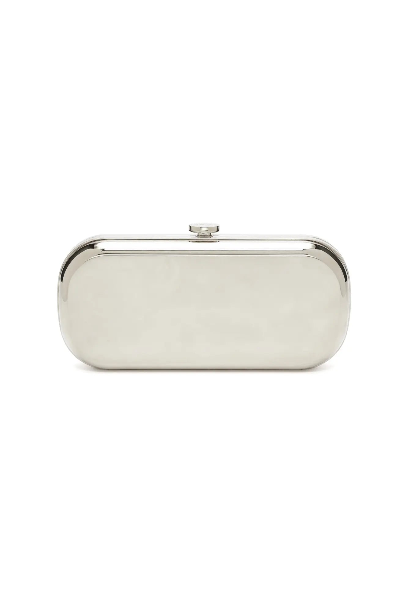 Silver-toned The Bella Rosa Collection Bella Clutch Silver Mirror Metallic Grande with a personalized sentiment plaque on a white background.
