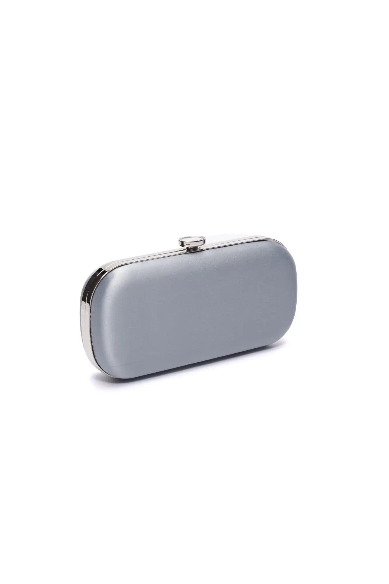 A Bella Clutch Steel Blue Satin Petite from The Bella Rosa Collection on a white background.