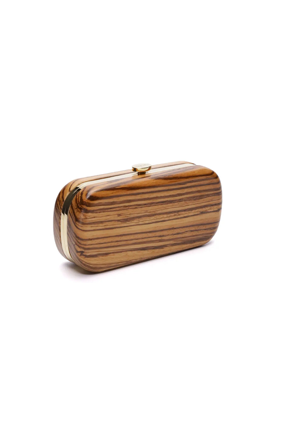 A sustainably sourced Bella Clutch African Zebra Wood Petite with a gold clasp on a white background by The Bella Rosa Collection.