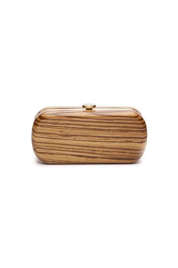 The African Zebra Wood Bella Clutch from The Bella Rosa Collection features a horizontal striped pattern on a white background.