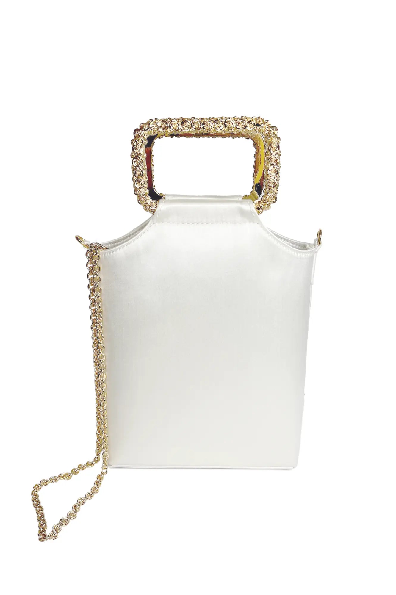 A Bettina Handbag Ivory, from The Bella Rosa Collection, crafted from Italian Duchess Satin with a jeweled handle and chain strap, on a white background.