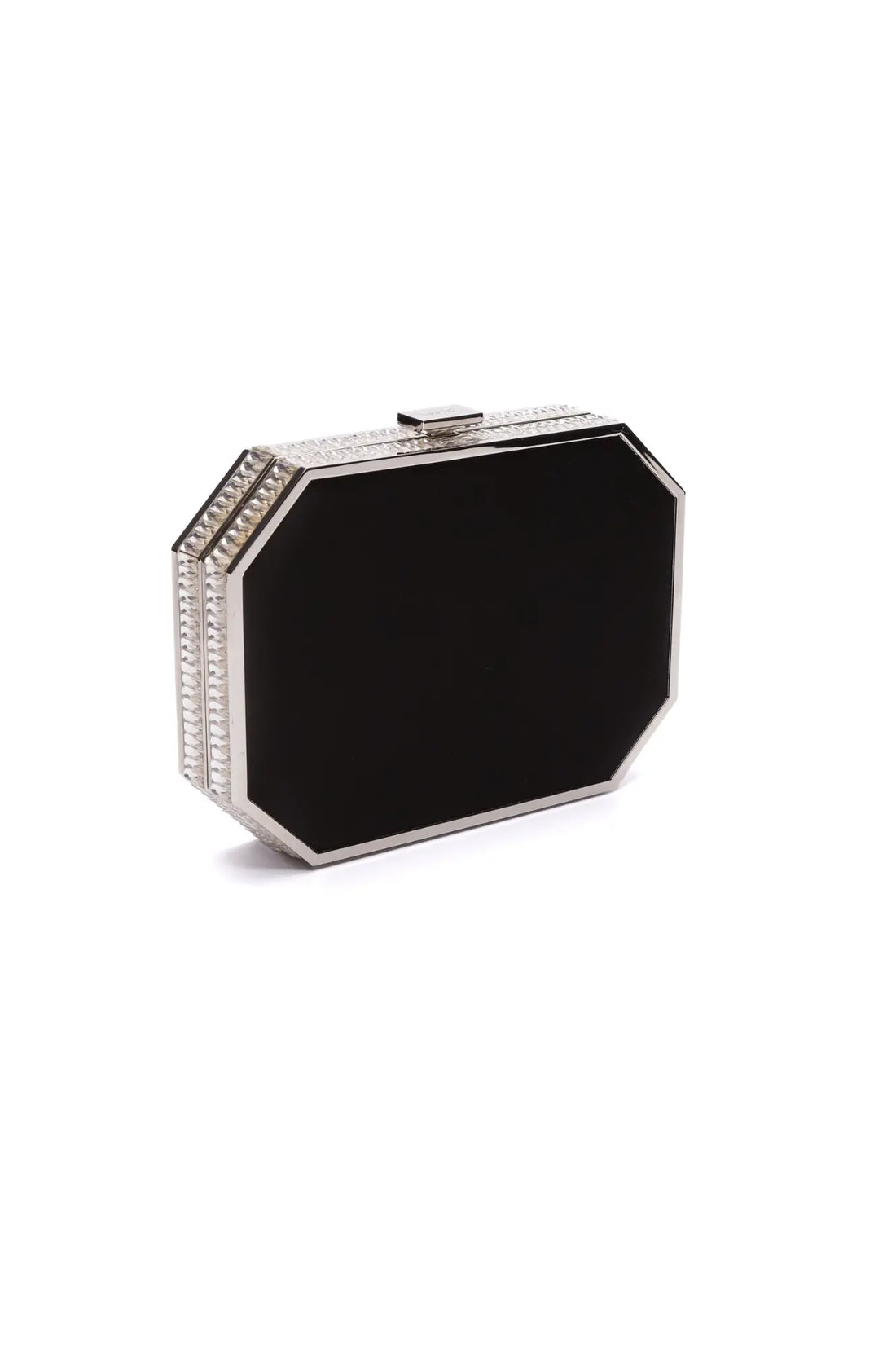 Black satin octagonal Como Clutch x MICAELA with rhinestone embellishments, evoking old Hollywood glamour, from The Bella Rosa Collection.
