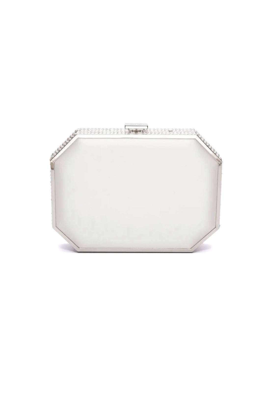 White satin hexagonal Como Clutch x MICAELA purse with rhinestone detailing by The Bella Rosa Collection.