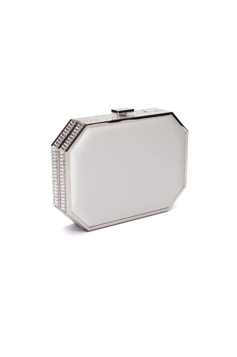 Elegant The Bella Rosa Collection Como Clutch in white satin with gemstone embellishments on a white background.