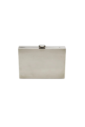 Ella Clutch - Gunmetal reflective finish silver metal clutch purse from The Bella Rosa Collection against a white background.