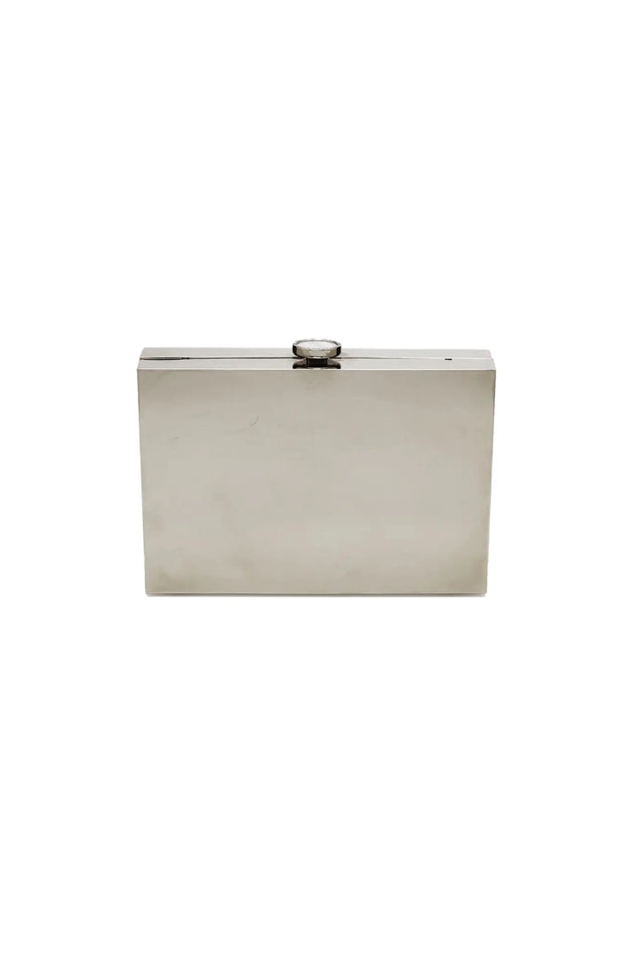 Ella Clutch - Gunmetal reflective finish silver metal clutch purse from The Bella Rosa Collection against a white background.