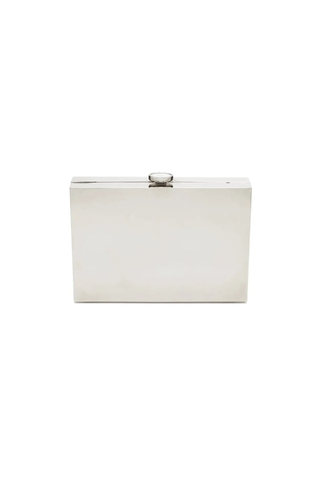 A plain white Ella Clutch - Mirror Silver purse with a silver metallic clasp on a white background by The Bella Rosa Collection.