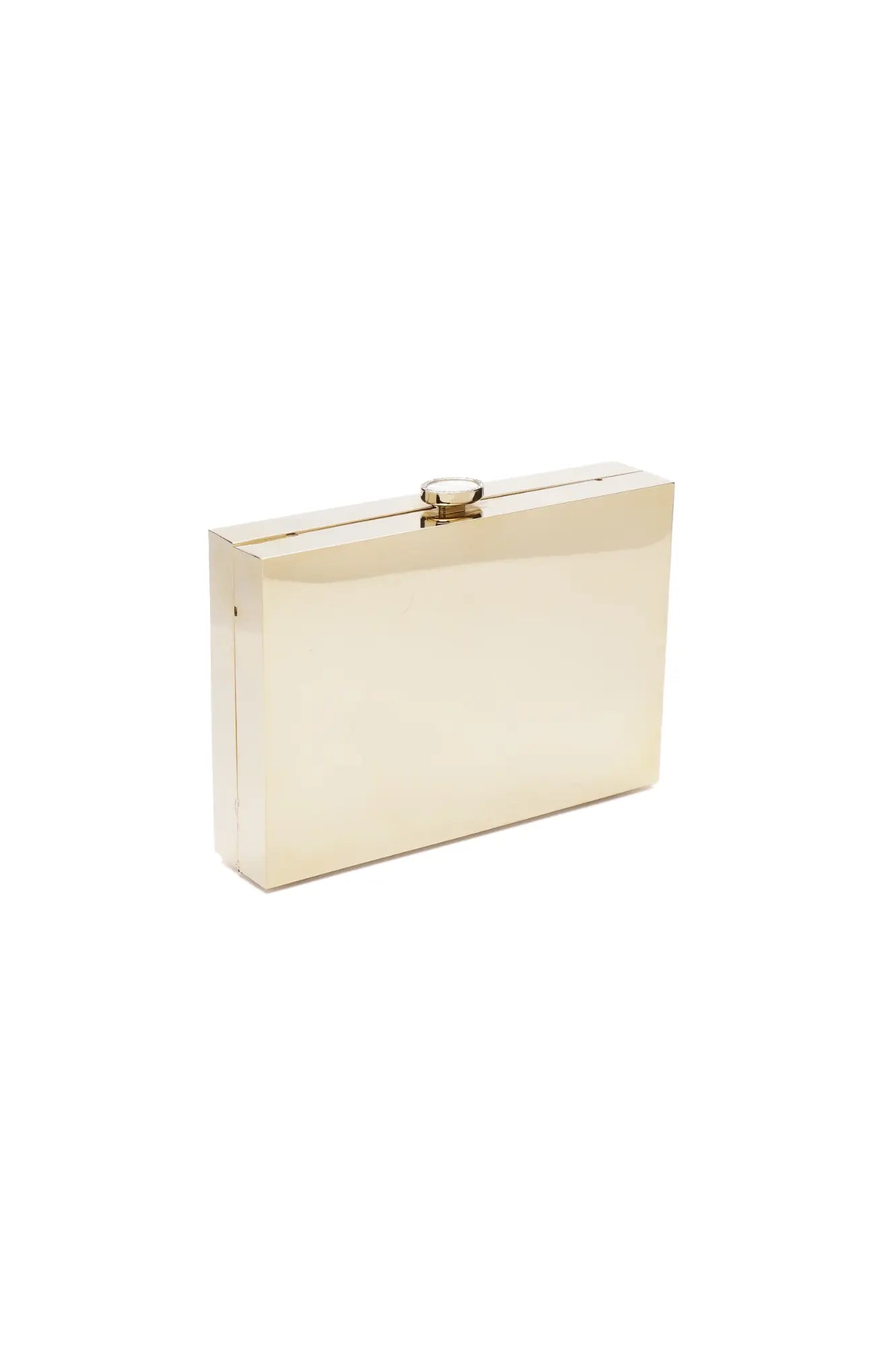 A Ella Clutch - Mirror Gold purse in a geometric silhouette on a white background by The Bella Rosa Collection.