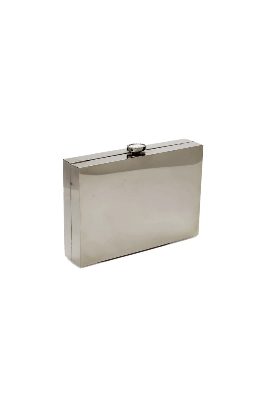Silver metallic Ella Clutch - Gunmetal with a gunmetal reflective finish on a white background by The Bella Rosa Collection.
