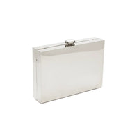 A luxury Ella Clutch - Mirror Silver from The Bella Rosa Collection with a mirror finish on a white background.