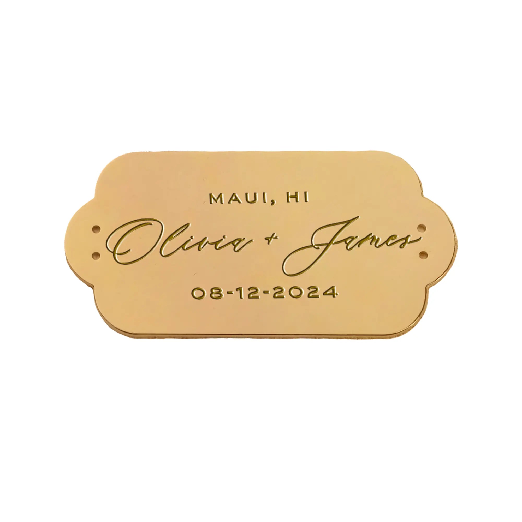 Gold-colored Personalized Plaque Sentiment Engraving with &quot;maui, hi, olivia + james, 08-12-2024&quot; engraved on it from The Bella Rosa Collection.